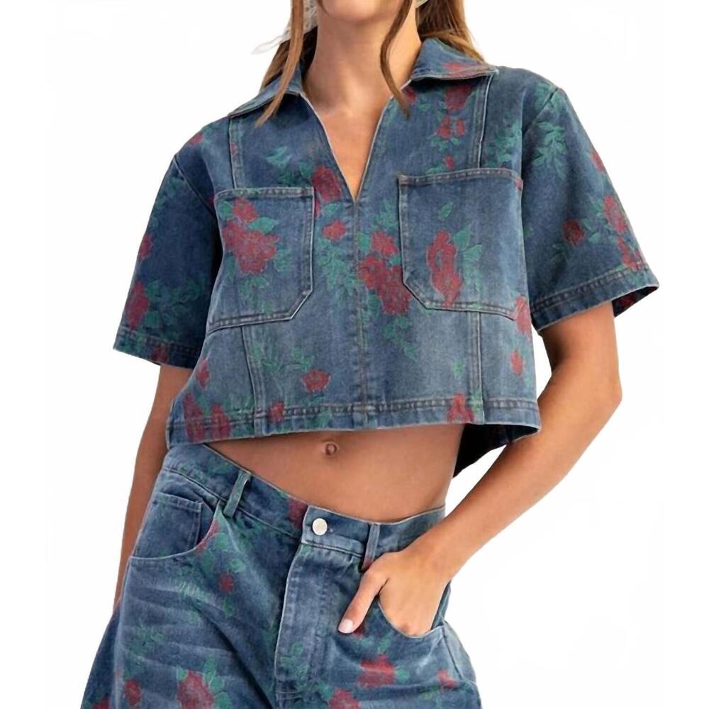 NEW EE:SOME rose print denim top in blue